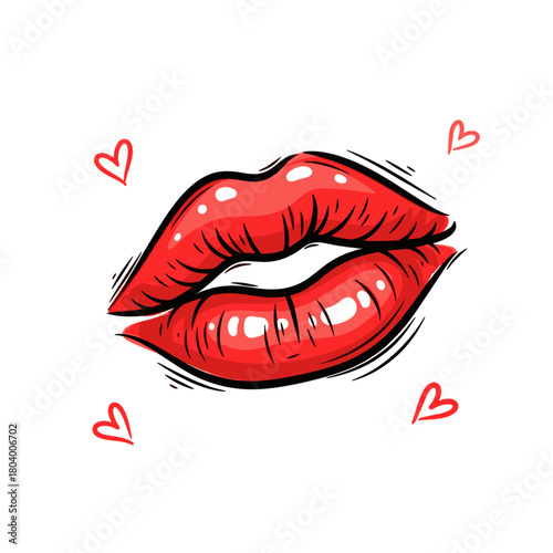 Vector illustration of red lips, symbolizing love, romance, beauty, flirt and passion, isolated on a transparent background. Ideal for cosmetics, and Valentine designs