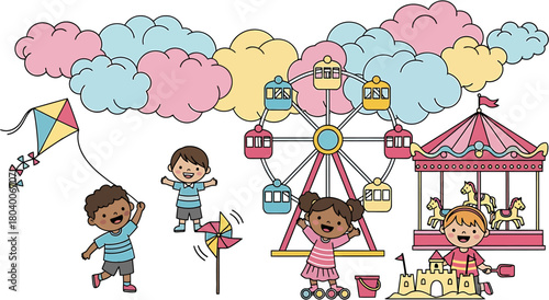 Joyful kids playing at a vibrant summer amusement park, enjoying thrilling carnival rides, flying kites, and building sandcastles under colorful, fluffy clouds