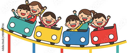 Joyful children riding a colorful roller coaster, experiencing thrilling amusement park adventure with laughter and excitement