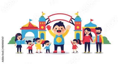 Joyful cartoon illustration of happy children and a friendly mascot having a fantastic time at a vibrant amusement park with their parents
