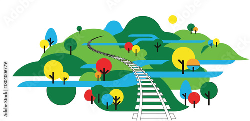 Scenic Train Journey Through Lush Green Hills and Colorful Trees under a Bright Sky