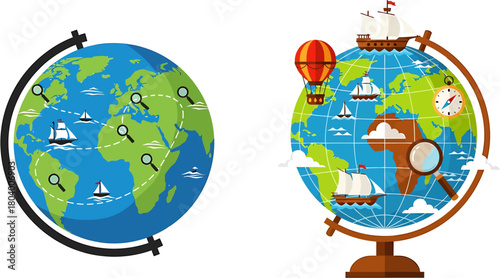 World Exploration Globe Icons with Magnifying Glasses and Sailing Ships