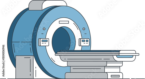 Modern medical diagnostic equipment, a futuristic MRI scanner with a patient bed, illustrating advanced healthcare technology and imaging