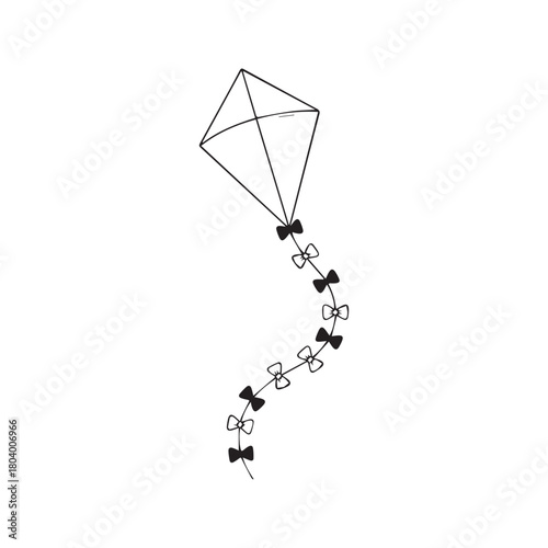 Minimalist kite line drawing. Simple hand-drawn sketch of a flying toy with a decorative tail. Black and white icon symbol for freedom, childhood, and fun, isolated on a white background.

