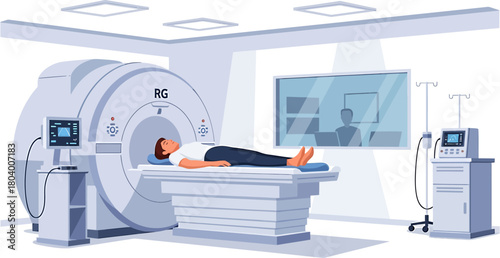 Medical examination room with patient lying on MRI machine, diagnostic imaging technology