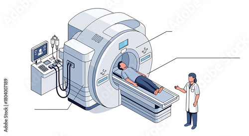 Isometric illustration of a patient undergoing an MRI scan with a medical professional in a hospital setting, depicting advanced diagnostic technology