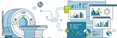 Advanced Medical Imaging Data Analysis and Diagnostic Reporting Concept Illustrating Healthcare Technology, Scientific Research, and Digital Information Processing for Patient Care