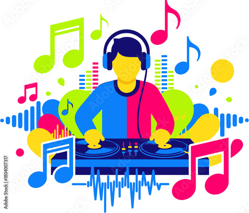 DJ Mixing Music Illustration with Colorful Notes and Sound Wave Effects