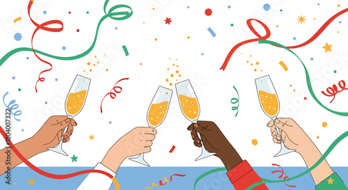 Illustration of diverse hands toasting with champagne flutes filled with sparkling wine, celebrating amidst colorful confetti and streamers