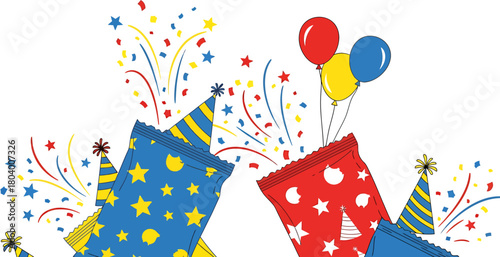 Festive Celebration Exploding Party Poppers and Colorful Balloons