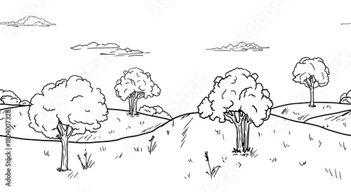 Hills and clearings, black and white sketch. Vector drawing.Trees and bushes on the horizon, a seamless border isolated on a white background. Fluffy clouds in the sky. Hand-drawn rural landscape