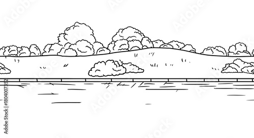 Lawn with grass and road, black and white sketch. Vector drawing. Bushes in the grass in the park, a seamless curb isolated on a white background. Fluffy clouds in the sky. Hand-drawn rural landscape