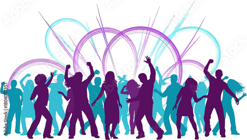 Vibrant illustration of an energetic crowd of dancing silhouettes at a party or music festival with an abstract colorful background