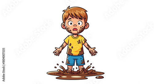 A young boy stands in a muddy puddle, covered in mud, with a surprised expression.