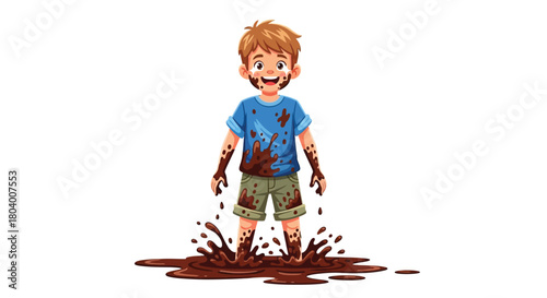 A cheerful cartoon boy with messy clothes stands happily in a splashing mud puddle, isolated on a white background.