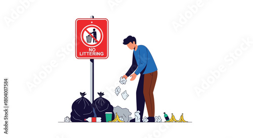 Man picking up trash despite "No Littering" sign illustration