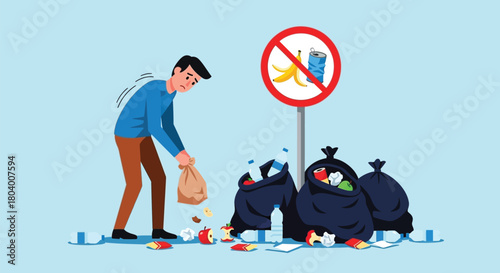 A man cleaning up litter from the ground next to overflowing trash bags and a no littering sign.