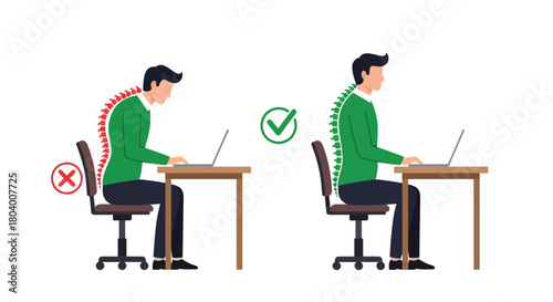 Illustration showing correct and incorrect sitting posture at a desk with a laptop, highlighting spinal alignment.