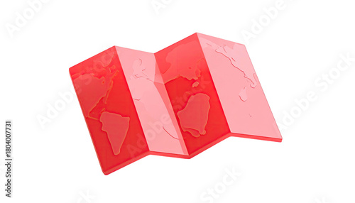 Red, stylized, unfolded map with continents