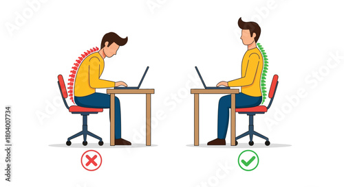 Illustration comparing correct and incorrect ergonomic sitting posture while working on a laptop at a desk.