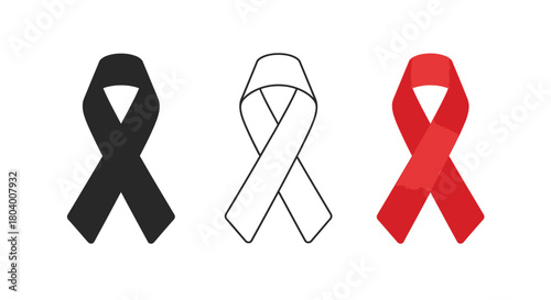 Set of three awareness ribbons black white and red