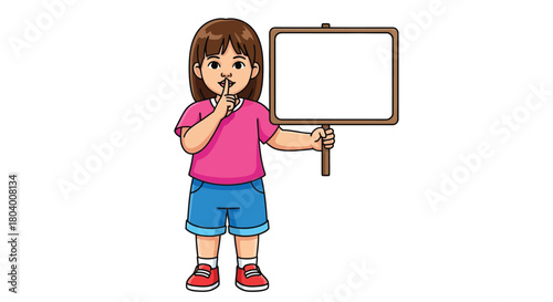 Cute little girl holding blank sign and showing shush gesture