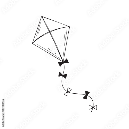 Minimalist kite line drawing. Simple hand-drawn sketch of a flying toy with a decorative tail. Black and white icon symbol for freedom, childhood, and fun, isolated on a white background.
