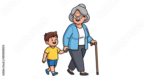 Grandmother and grandson walking hand in hand happily