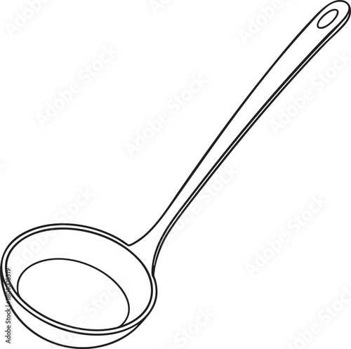 Simple kitchen ladle outline drawing portraying functional cooking tools suitable for serving soups and sauces