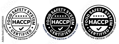 HACCP Hazard Analysis Critical Control Points, Food Safety system, logo, badge, icon, sticker, label, circle, emblem, stamp, symbol, black, golden, flat vector, isolated illustration. HACCP Certified.