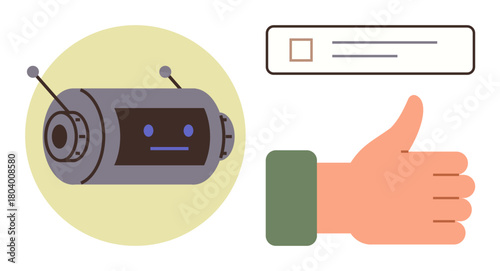 Robot face with antennas symbolizing chatbot, hand giving thumbs-up, checkbox marking task completion. Ideal for automation, AI communication, feedback, satisfaction, technology, user experience