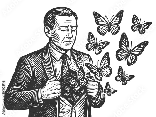 man opening his suit to release butterflies, representing emotional transformation and inner freedom sketch engraving generative ai vector illustration. Scratch board imitation. Black and white image.