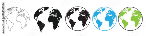 Collection of earth icons in various styles and colors isolated on white background, perfect for geography, environmental, or global themed designs and projects