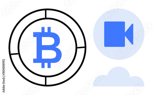 Bitcoin symbol inside a circle, video camera, and cloud icon highlight finance, media, and cloud technology. Ideal for finance, blockchain, technology, media streaming cloud computing innovation