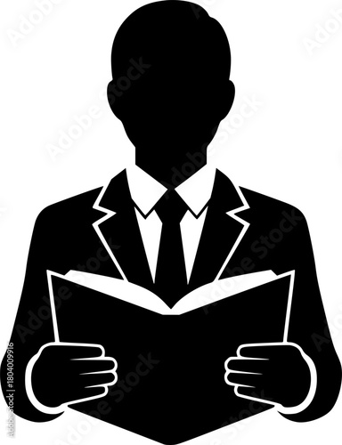 Monochrome vector silhouette of a businessperson in a suit reading an open book
