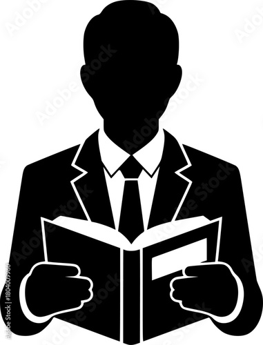 Monochrome vector silhouette of a businessperson in a suit reading an open book