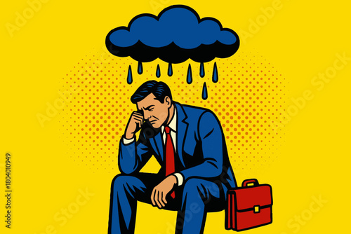 sad businessman sitting with a rain cloud above his head, symbolizing stress, depression, or burnout. Generative ai vector colorful pop art illustration.