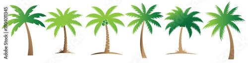 A group of six palm trees with green leaves and brown trunks, isolated on white background, creating a tropical and exotic scene, perfect for summer vacation themes and designs