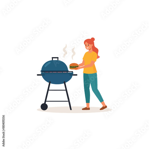 Illustration showing a woman enjoying an outdoor barbecue party preparing a juicy burger with a