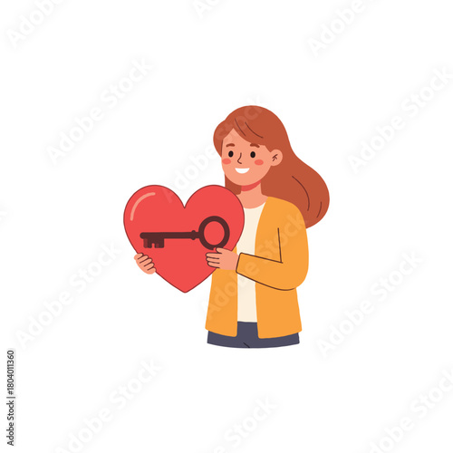 Illustration showing a woman holding a heart shape with a key painted on it representing emotional