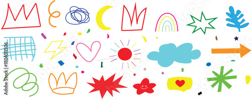 Playful abstract doodle shapes sticker pack in childish style. Colored crayon drawn funky figures and doodles for kid collages