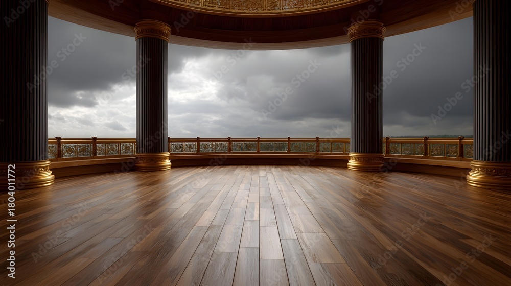 Naklejka premium An ornate temple balcony with wooden floor and pillars opens to a dramatic stormy sky