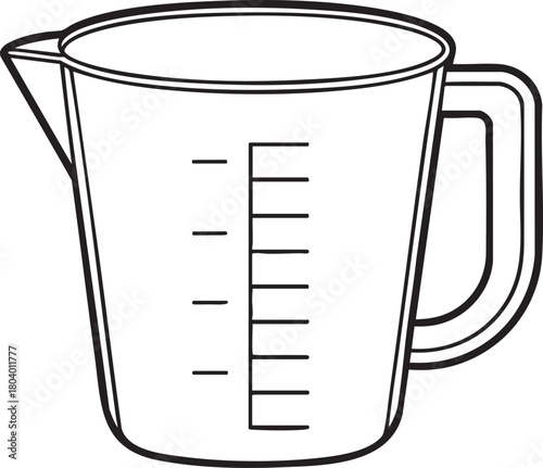 Measuring cup outline drawing featuring classic kitchen design with handle and scale for culinary ingredient use