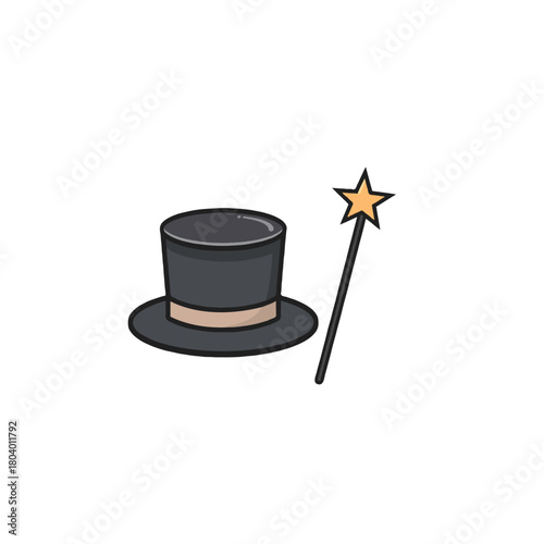 Mystical charm vector featuring elegant magician's hat with wand illustration and fairytale magic