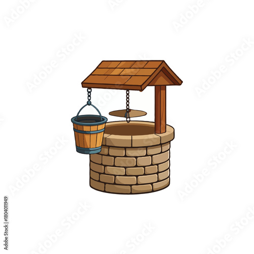 Quaint Village Well with Bucket Illustration Evokes Nostalgia for Simpler Rural Life, A Classic