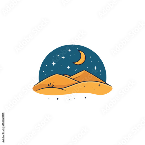 Serene desert landscape illustration featuring rolling dunes under a starry moonlit sky providing