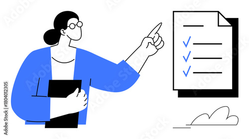 Woman holding folder and pointing at checklist with completed tasks marked. Ideal for planning, productivity, education, training, organization, time management, and goal setting. Clean flat metaphor