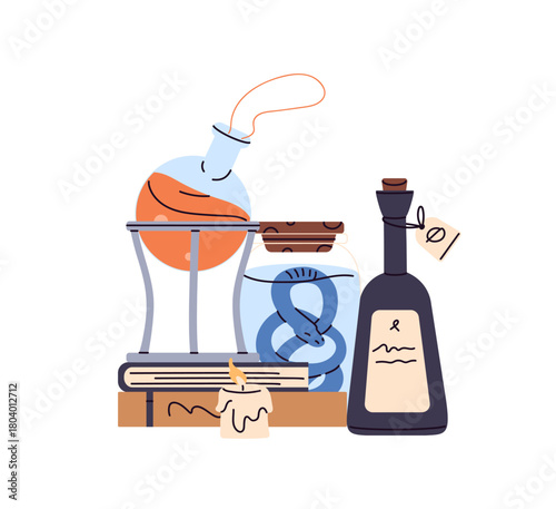 Alchemy tools and jars for preparing magic potions. Glass flask with boiling liquid, bottle of medieval cure. Witchcraft items for witches and wizards. Flat isolated vector illustration on white