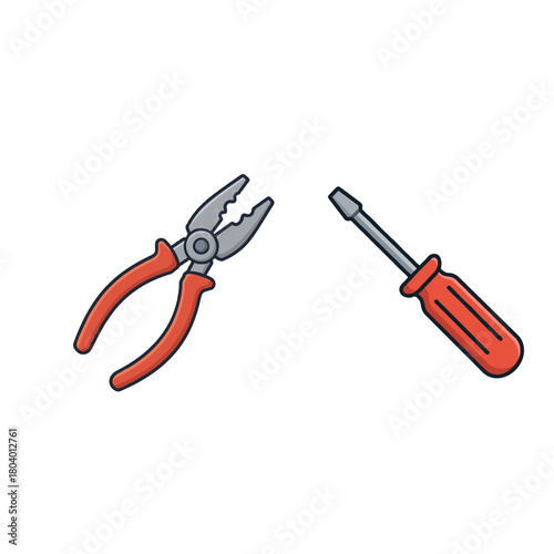 Tools presentation featuring a red handled screwdriver and plier pair showcasing craftsmanship for