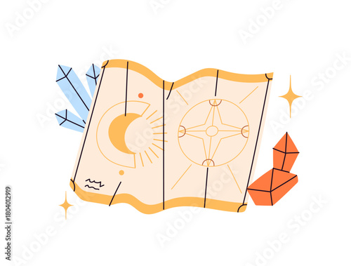 Magic crystals and paper for fortune telling. Witchcraft items for divination and predictions. Forecasting the future with gemstones. Astrology and sorcery. Flat isolated vector illustration on white